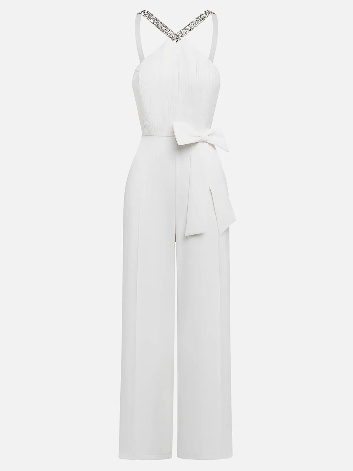 Women White Pleated Rhinestone Bow Halter Sleeveless Dressy Jumpsuit
