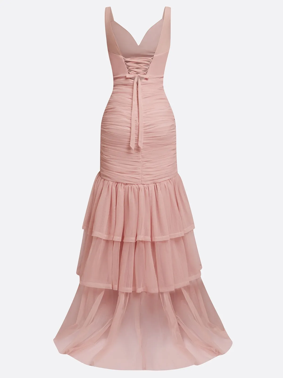Pink Folds Tulle Spaghetti Sleeveless Mermaid Gown Dress