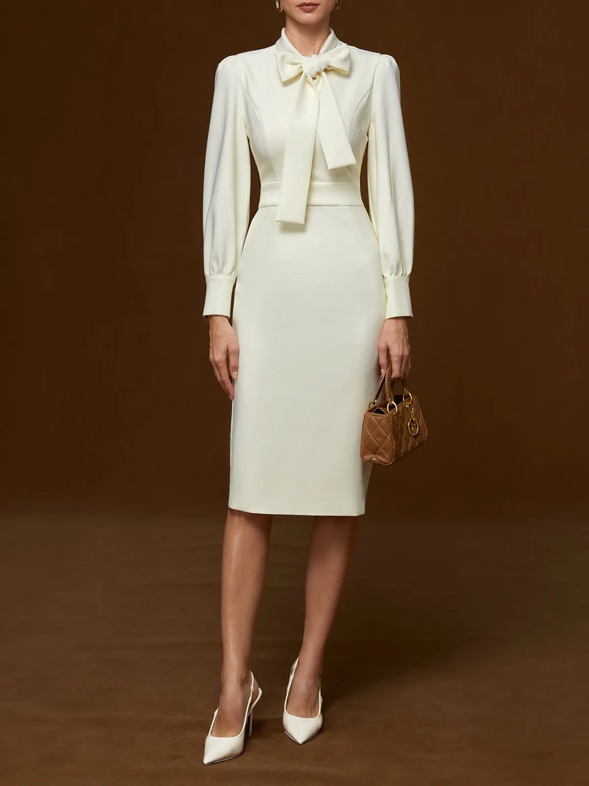 Off White Bow Classic Crew Neck Long Sleeve Sheath Midi Dress