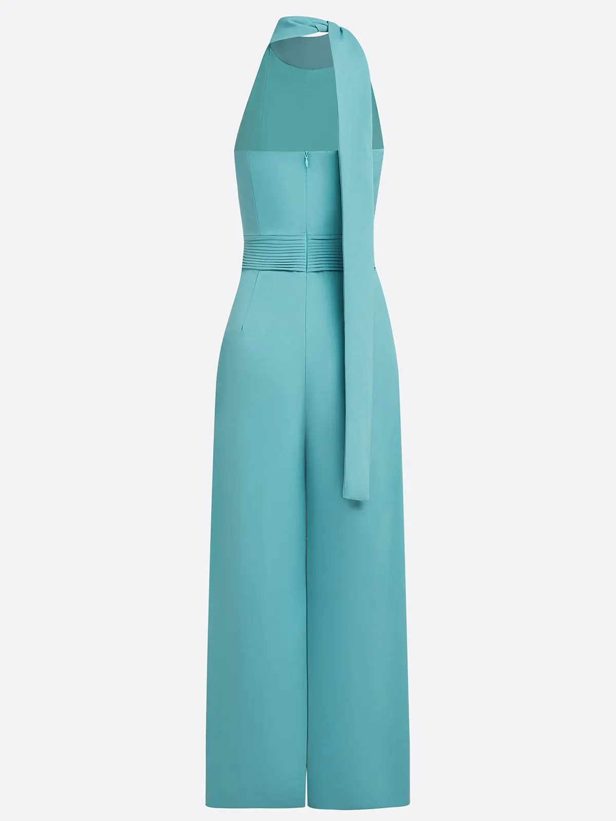 Women Cyan Ruched Halter Mock Neck Sleeveless Dressy Jumpsuit