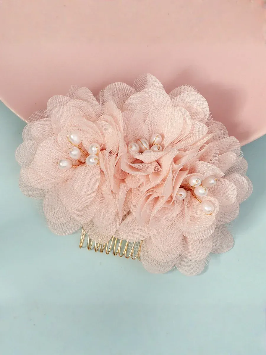 Handmade Beautiful Pink Pearl Mesh Flower Bridesmaid Hair Comb - Pink