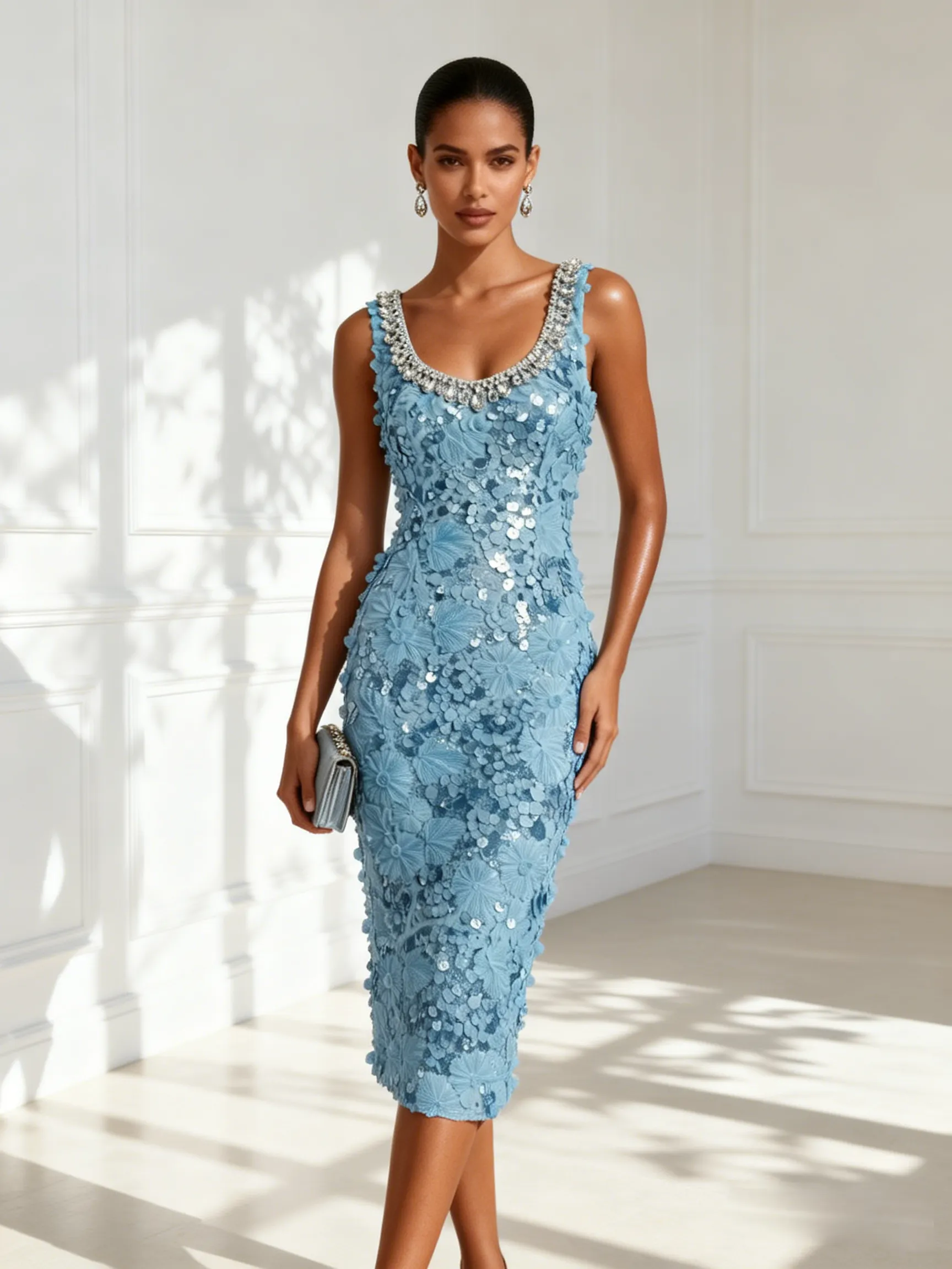 Light Blue Rhinestone 3D Floral Sequin U-Neck Sleeveless Sheath Midi Dress