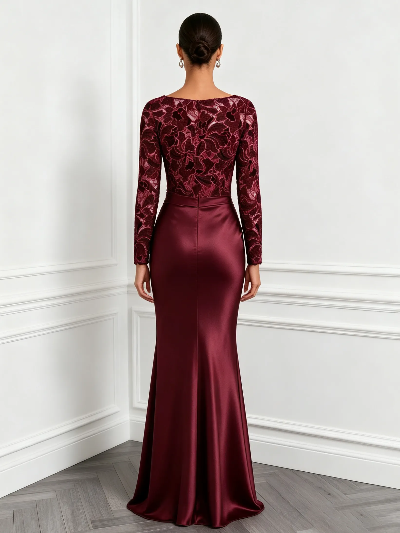 Wine Red Ruched Flocked Satin Boat Neck Long Sleeve Mermaid Floor Length Dress