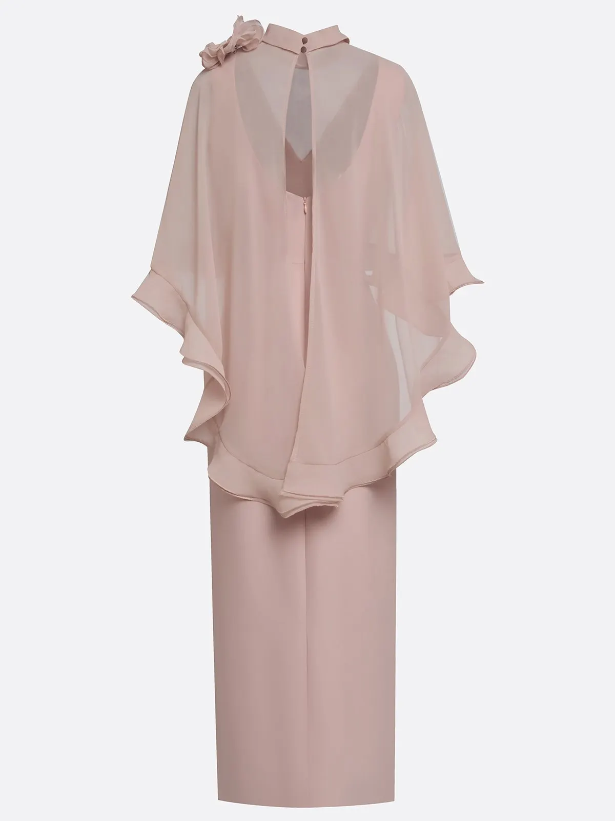 Nude Pink 3D Floral Mesh Classic Mock Neck Half Sleeve Sheath Floor-length Gown Dress