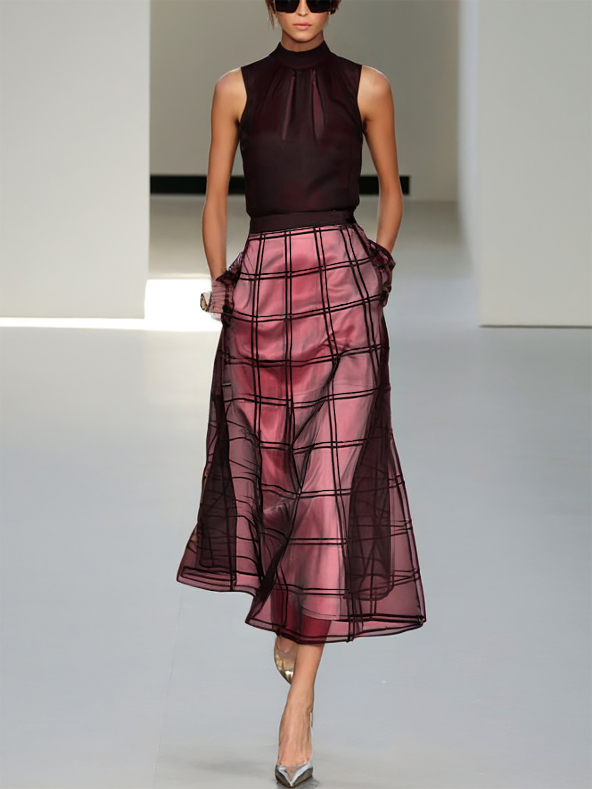 Wine Red Organza Plaid Classic Mock Neck Sleeveless A-Line Midi Dress - Wine Red