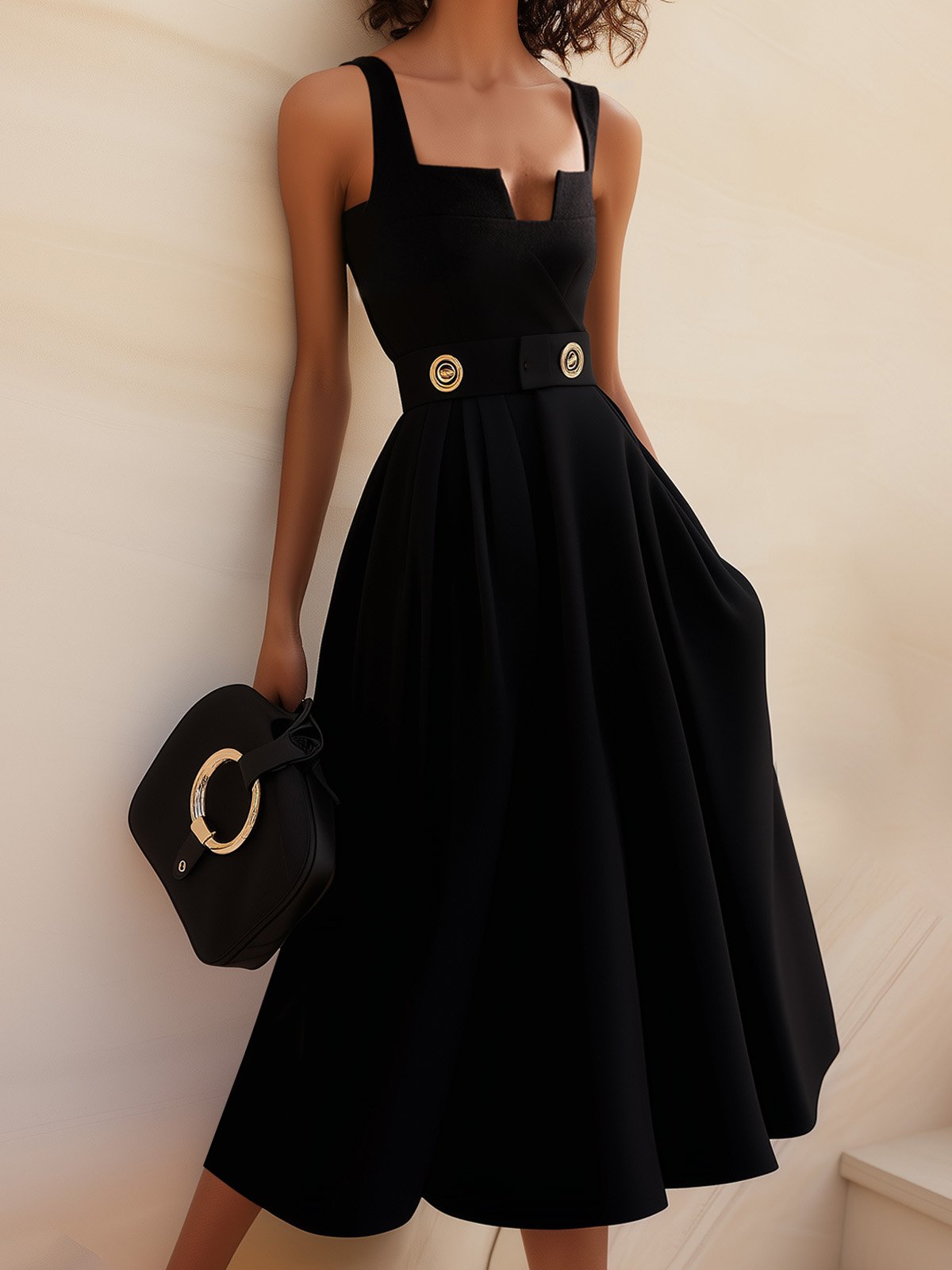 Black Buckle Notched Sleeveless A-Line Midi Dress With Pockets - Black