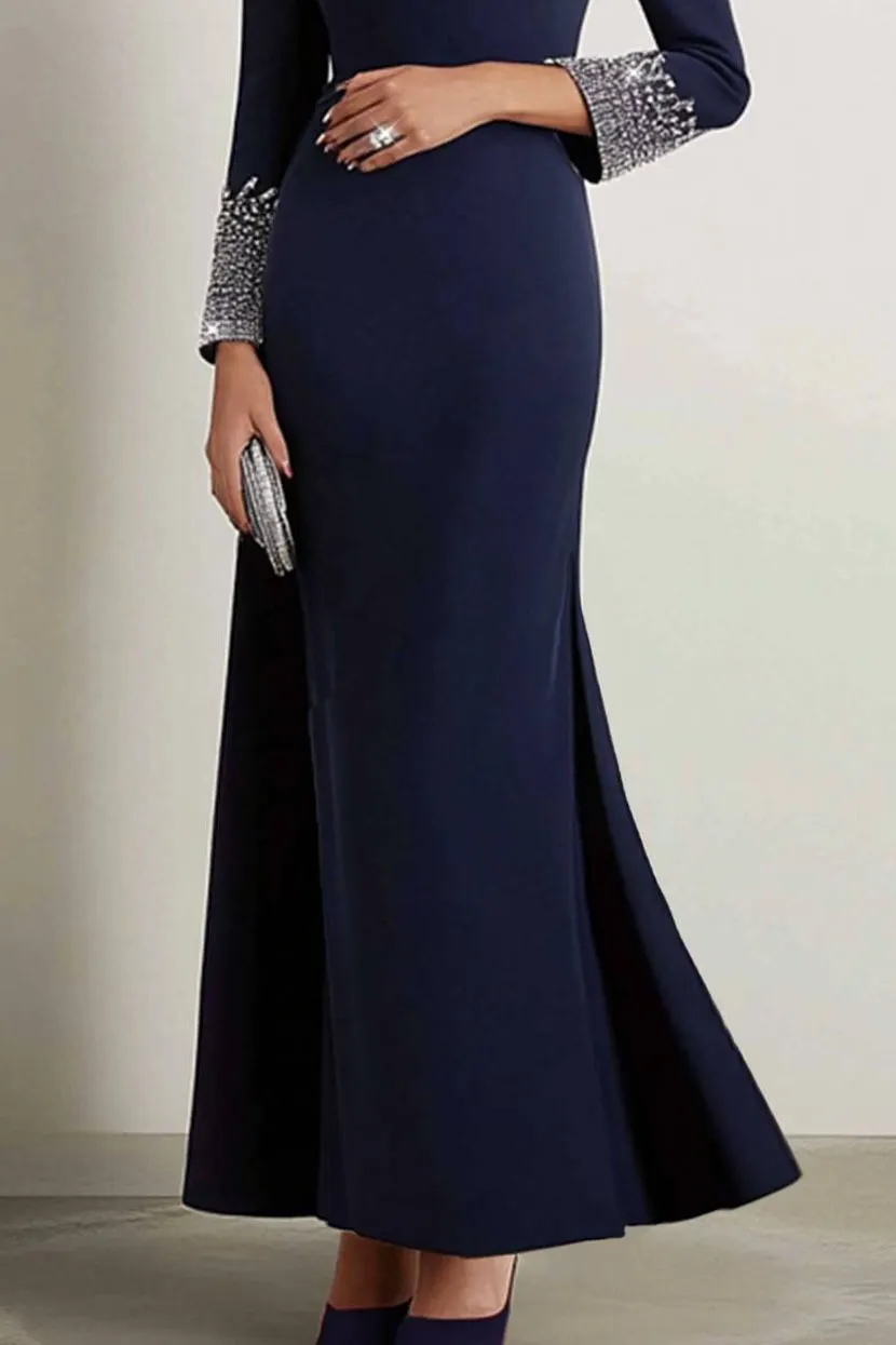 Elegant Dress Navy Boat Neck Rhinestone Maxi Dress Mother of the Bride Dress
