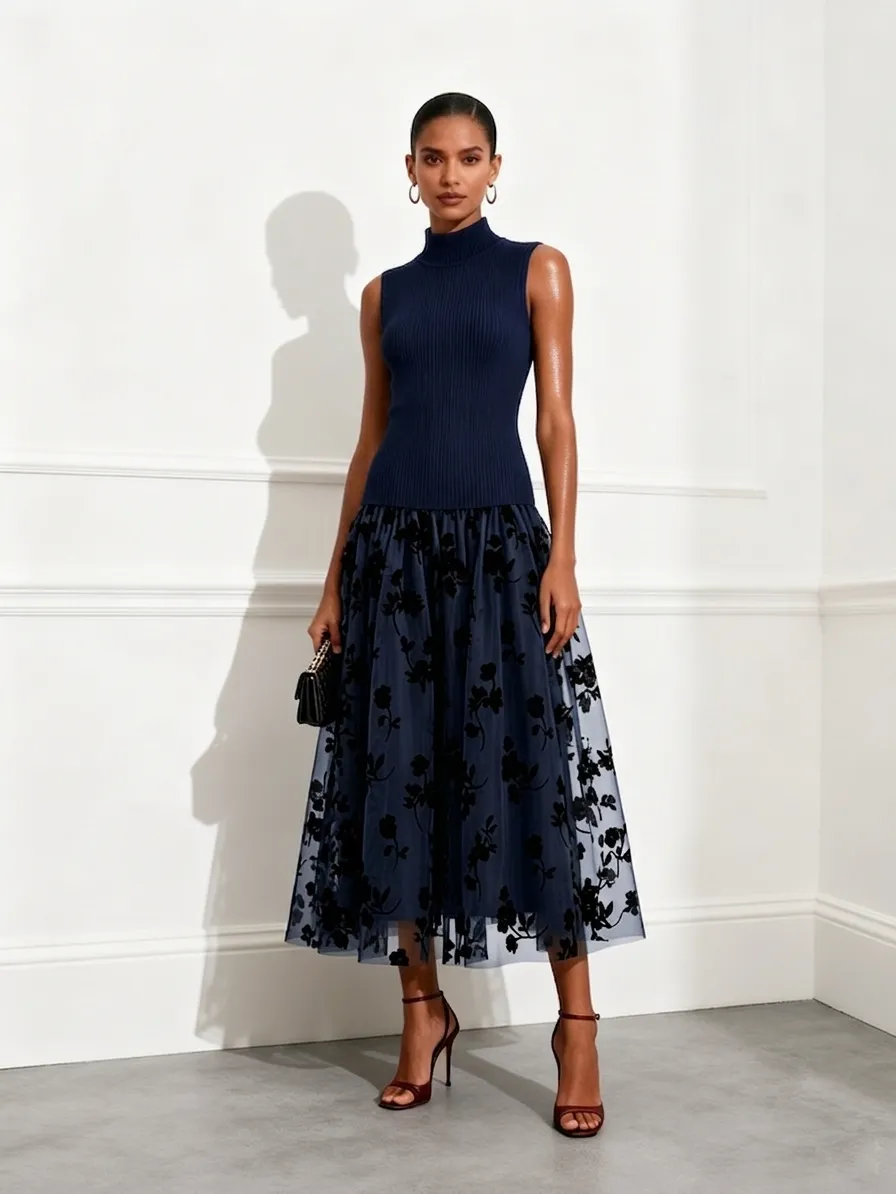 Navy Blue Flocked Knit High Neck Sleeveless A-Line Maxi Dress