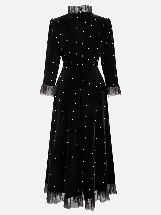 Black Beaded Ruffled Mock Neck Three Quarter Sleeve A-Line Maxi Velvet Dress