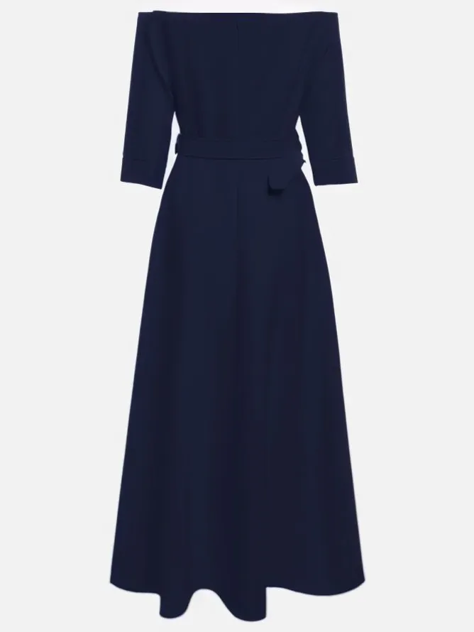 Purplish Blue Classic Off The Shoulder Half Sleeve A-Line Maxi Dress
