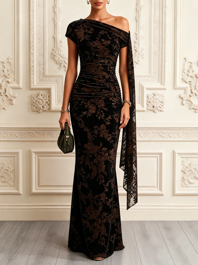 Black Flocked Tulle One Shoulder Short Sleeve Mermaid Floor-length Gown Dress