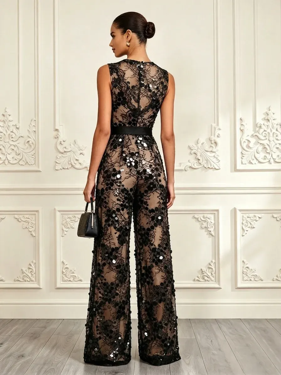 Women Black Lace V Neck Sleeveless Elegant Jumpsuit