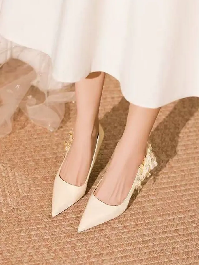 Elegant Bridal Glamour Satin Diamond Pearl Floral Pointed-toe Wedding Shoes