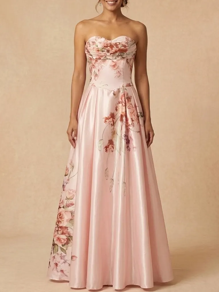 Pink Floral Strapless Mother of the Bride Dress A-Line Satin Gown