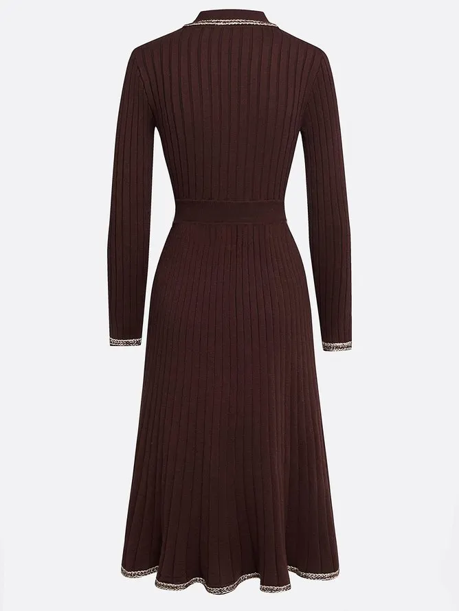 Red Brown Piping Buckle Sweater Lapel Collar Long Sleeve A-Line Midi Dress