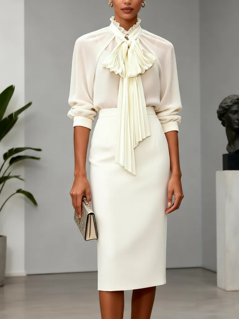Women Beige Bow Pleated Tie Neck Elegant Top With Skirt Two-Piece Set
