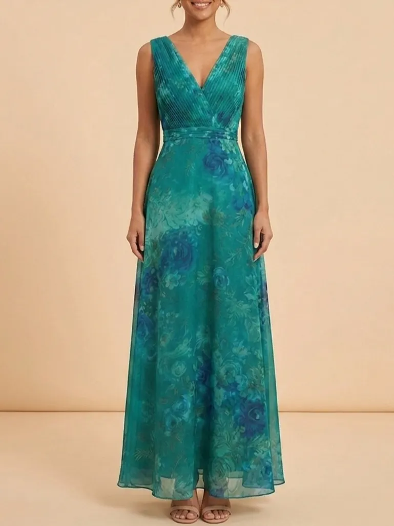 Elegant V-Neck Floral Maxi Dress - Chiffon Mother of the Bride Gown with Pleated Bodice