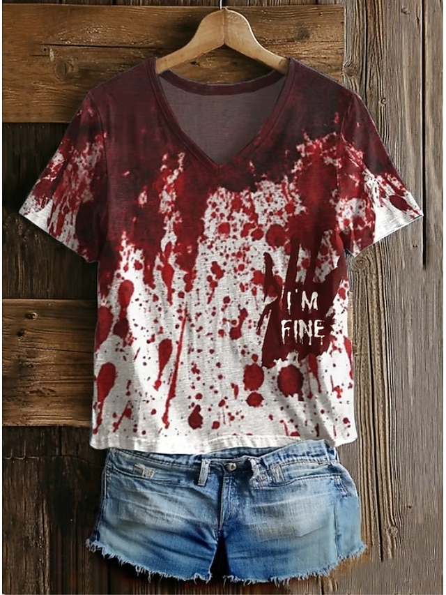 Halloween Women's Bloody Problem Solved T Shirt Bloodstain Graphic Letter Vintage Stylish Classic Short Sleeve V Neck Regular Tops Daily Print Gray/Red White Wine Red Red White Spring - Wine