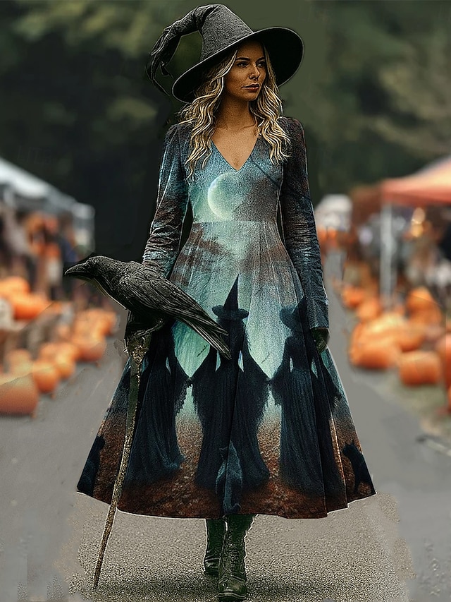 Halloween Women's Witch Hat Magic Fire Print Maxi Dress Hocus Pocus Graphic A Line V Neck Long Sleeve Gothic Costume Party Dress Orange Purple - Dark Blue