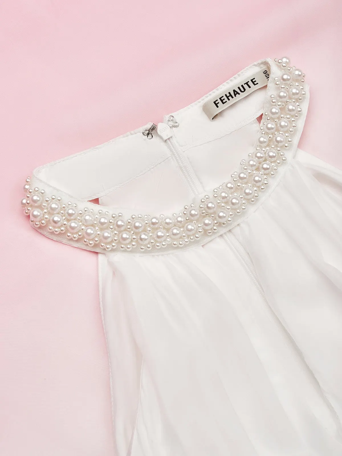 Pink Chiffon Halter Ombre Faux Pearl Cut Out Sleeveless A-Line Mock Neck Maxi Dress