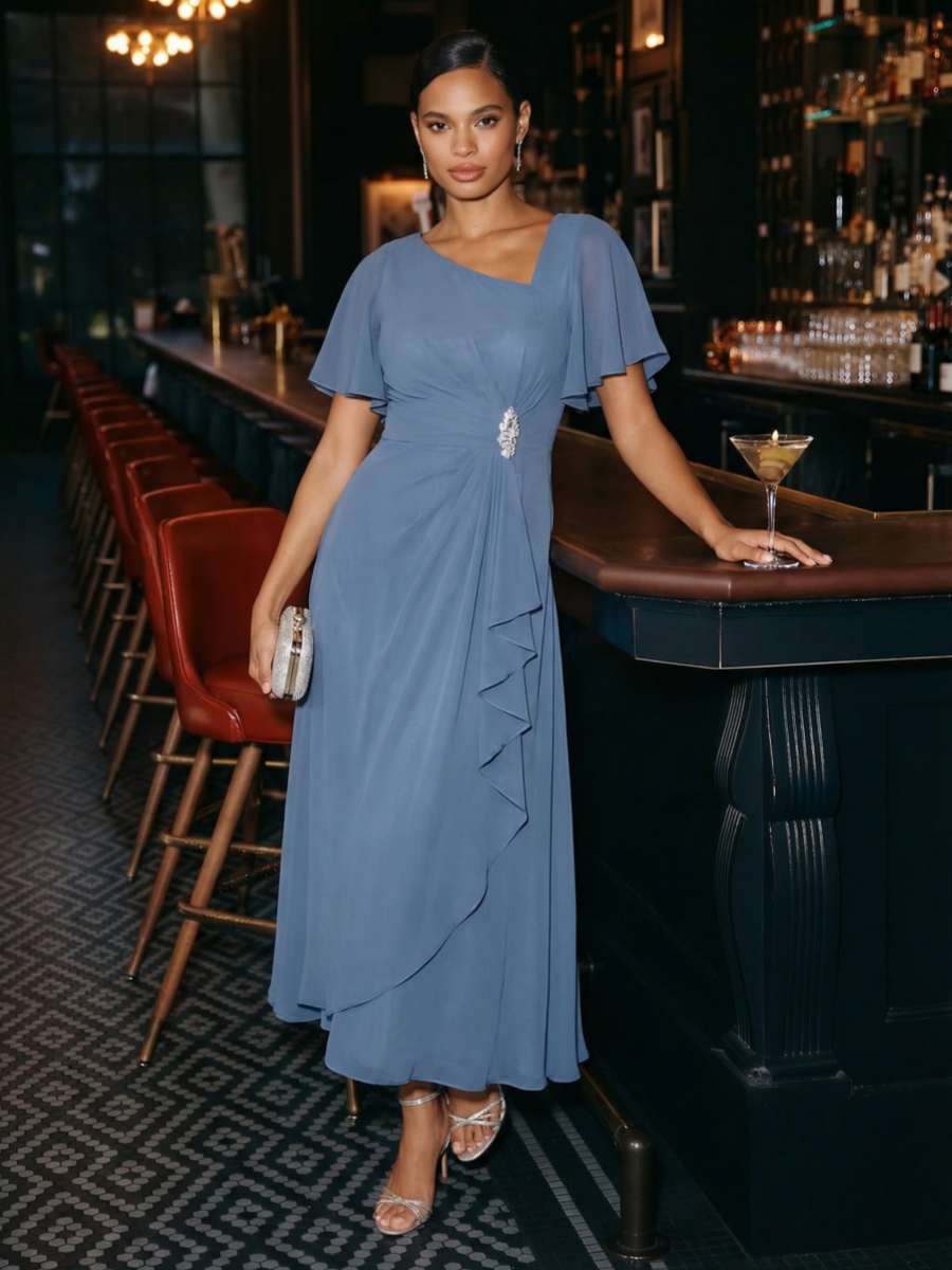 Elegant Chiffon Ruffle Sleeve Formal Dress #color_Dusty Blue