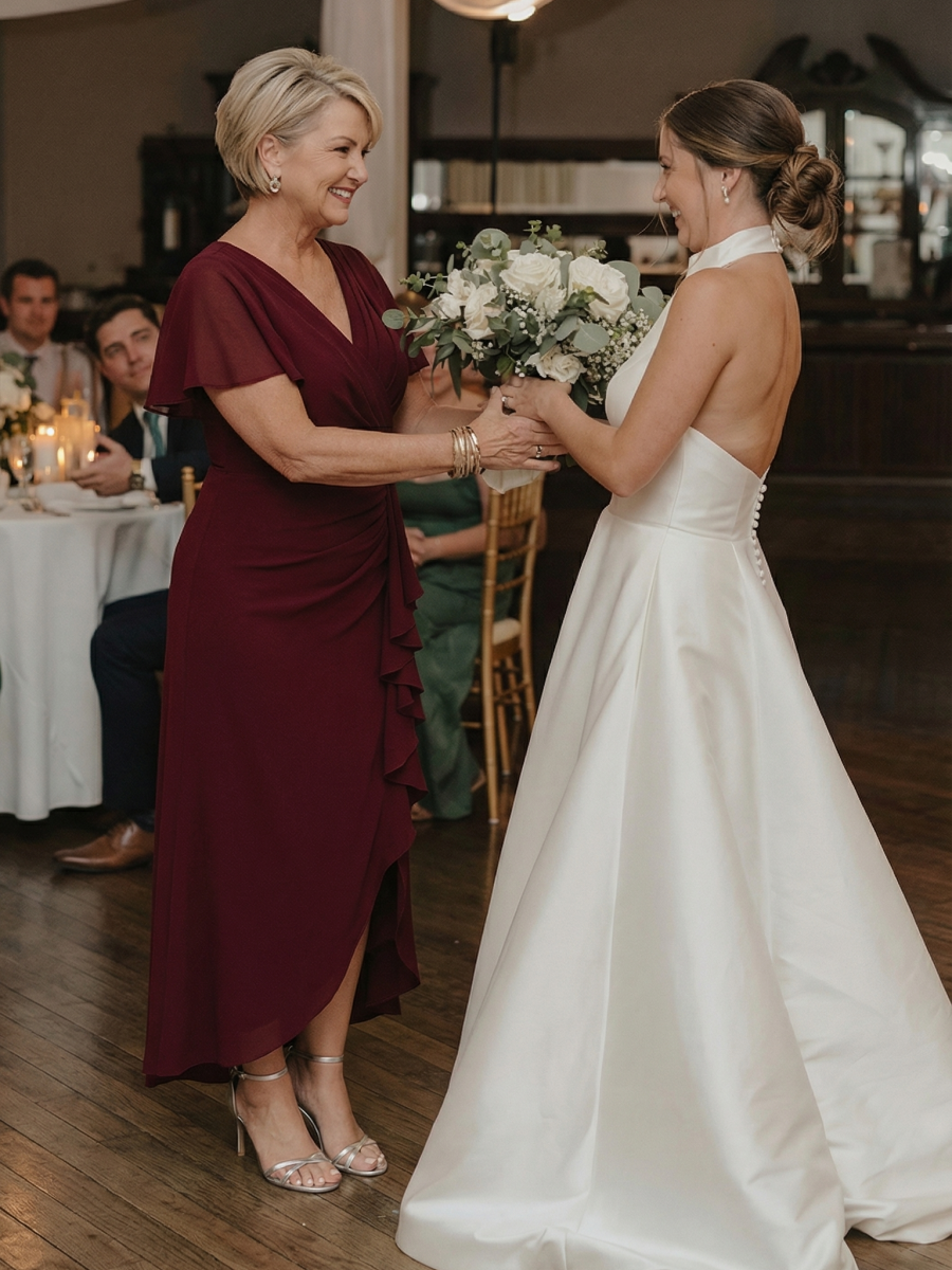 Thigh-High Slit Knit Ruffle Sleeve Wedding Guest Dress #color_Burgundy