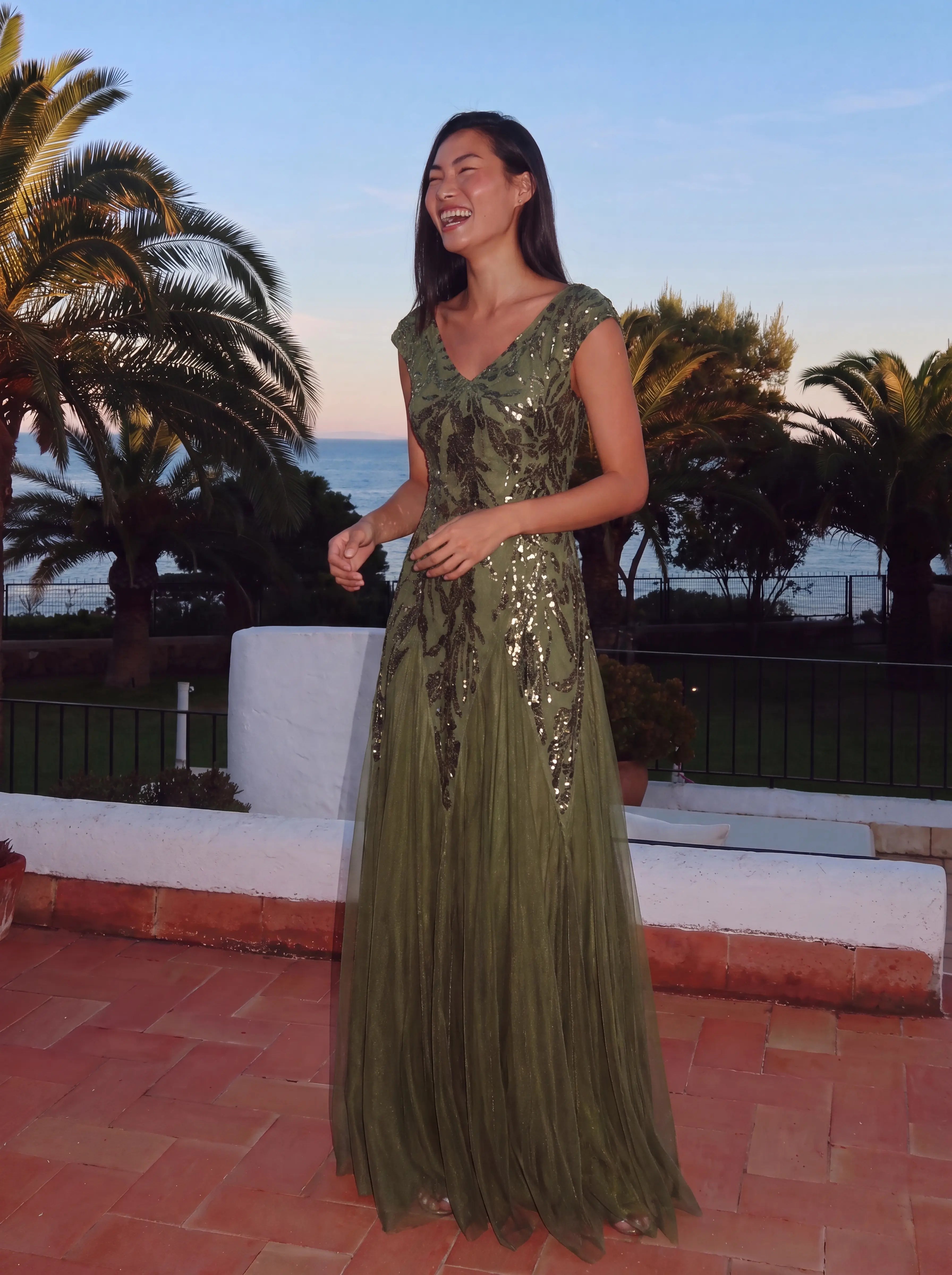 Glitter Embroidered Cap Sleeve High Stretch Mother of the Bride Dress #color_Olive Green