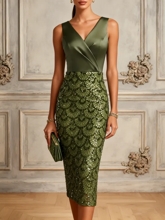 Army Green Glitter Sequin V Neck Sleeveless Sheath Midi Dress
