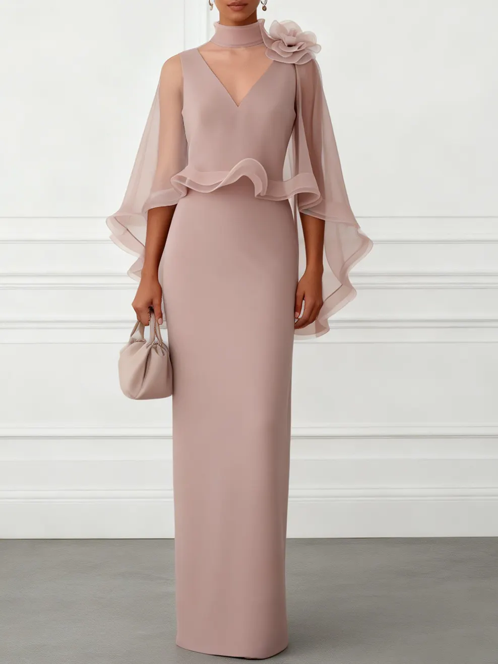 Nude Pink 3D Floral Mesh Classic Mock Neck Half Sleeve Sheath Floor-length Gown Dress - Nude Pink