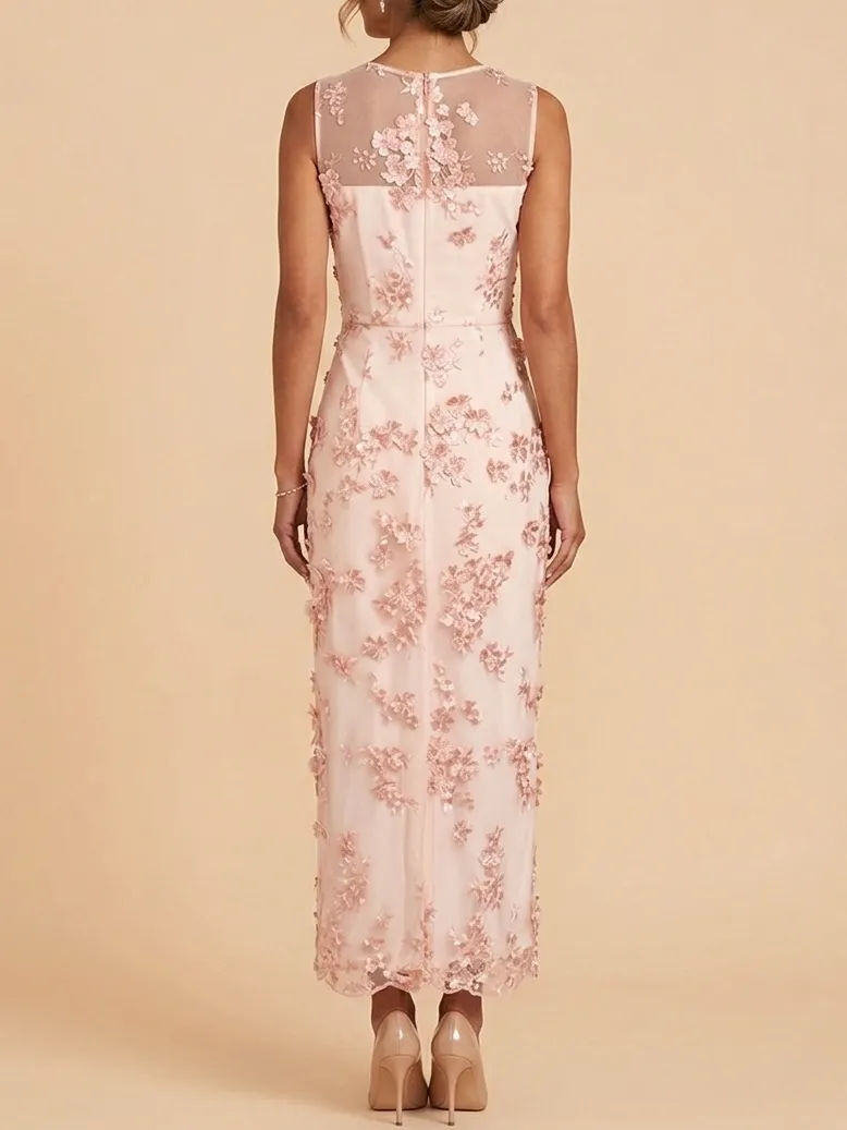 Elegant 3D Floral Applique Mother of the Bride Dress - Soft Pink Maxi Gown with Sheer Illusion Neckline - Pink