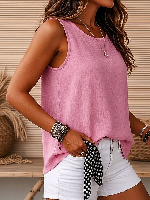 Women's Vintage Cozy 100%Cotton Washed Round Neck Sleeveless Tank Top Casual Black White Sky Blue Orange Violet Summer Spring - Pink