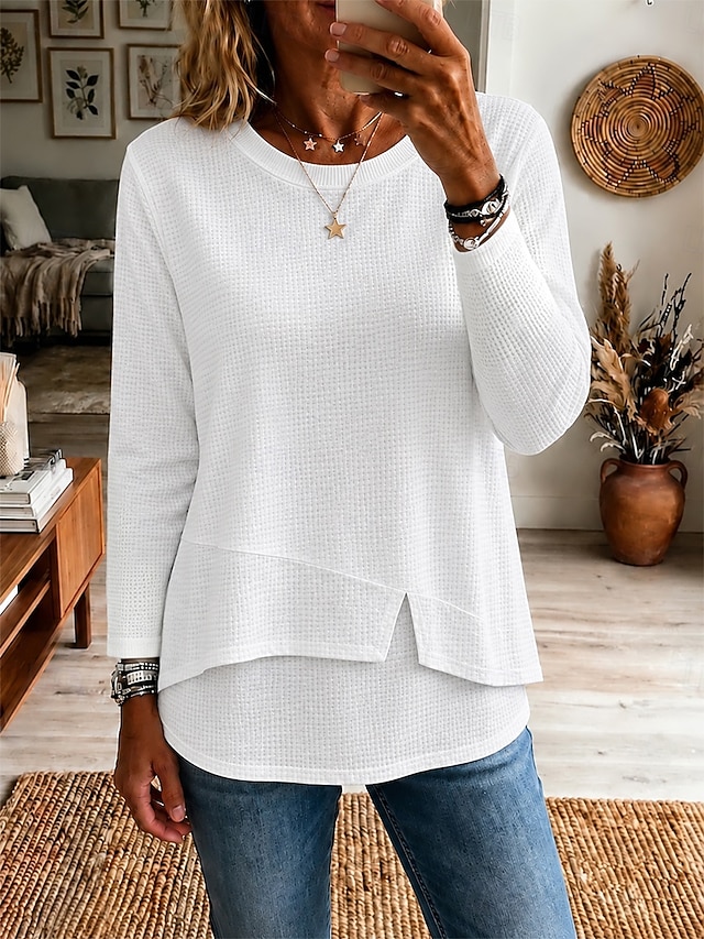 Women's Waffle Knit Long Sleeve 7/8 Sleeve T-Shirt T Shirt White Cotton Top Crew Neck Textured Patchwork Casual Top Longline Shirt Daily White Wine Purple Summer Spring Fall - White