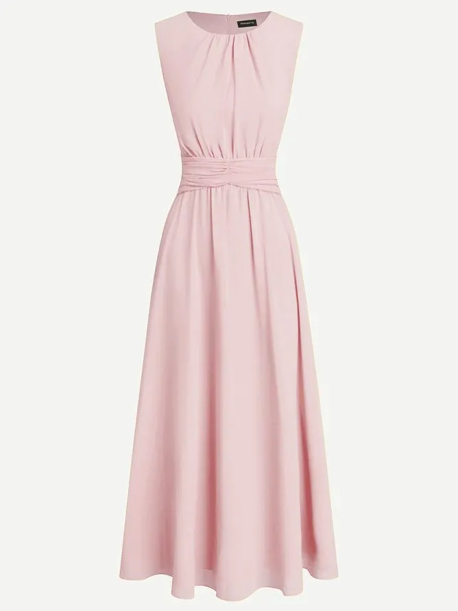 Light Pink Ruched Chiffon Crew Neck Sleeveless A-Line Maxi Dress