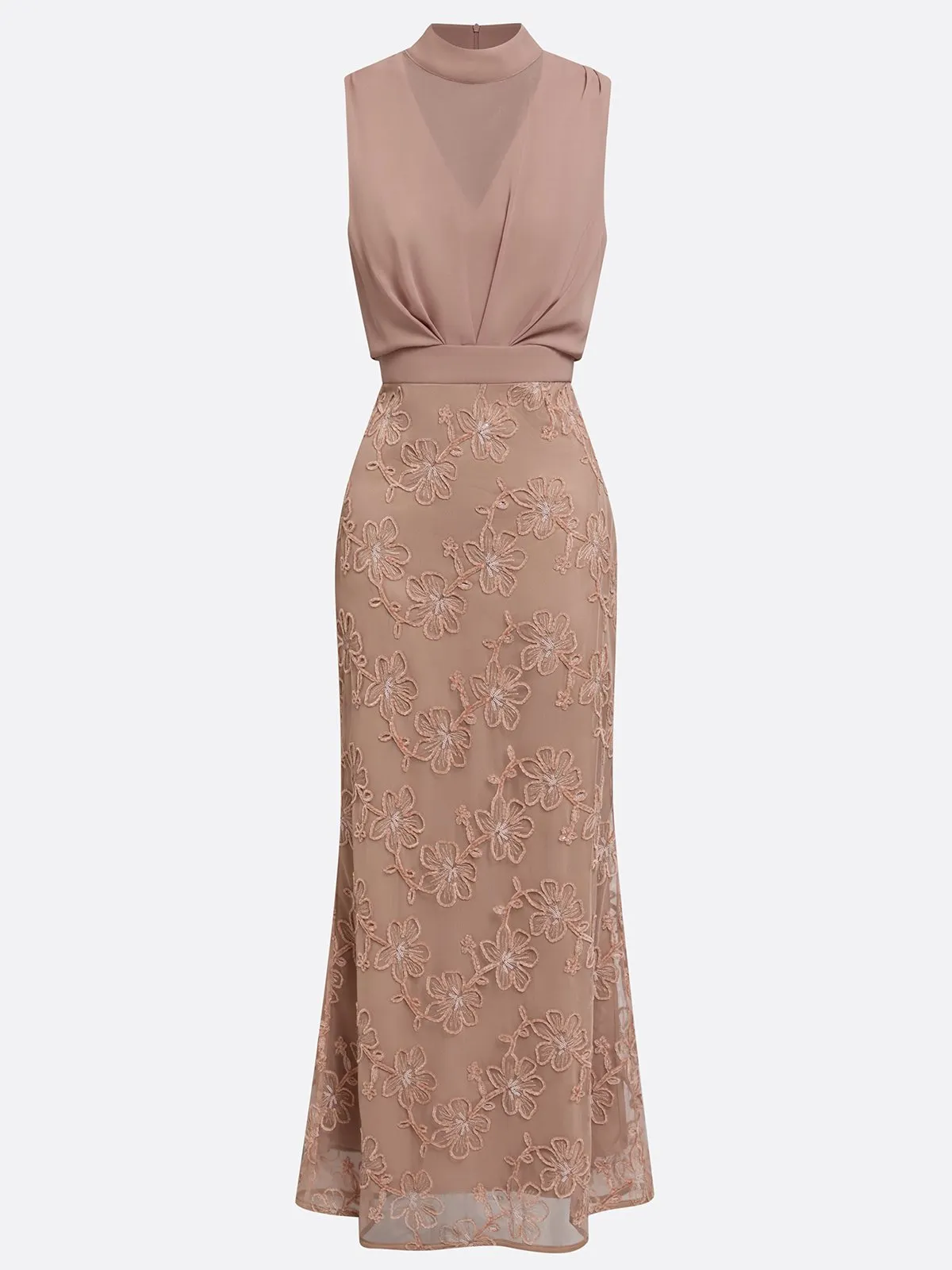 Light Pink Brown Jacquard Ruched Classic Mock Neck Sleeveless Mermaid Gown Dress