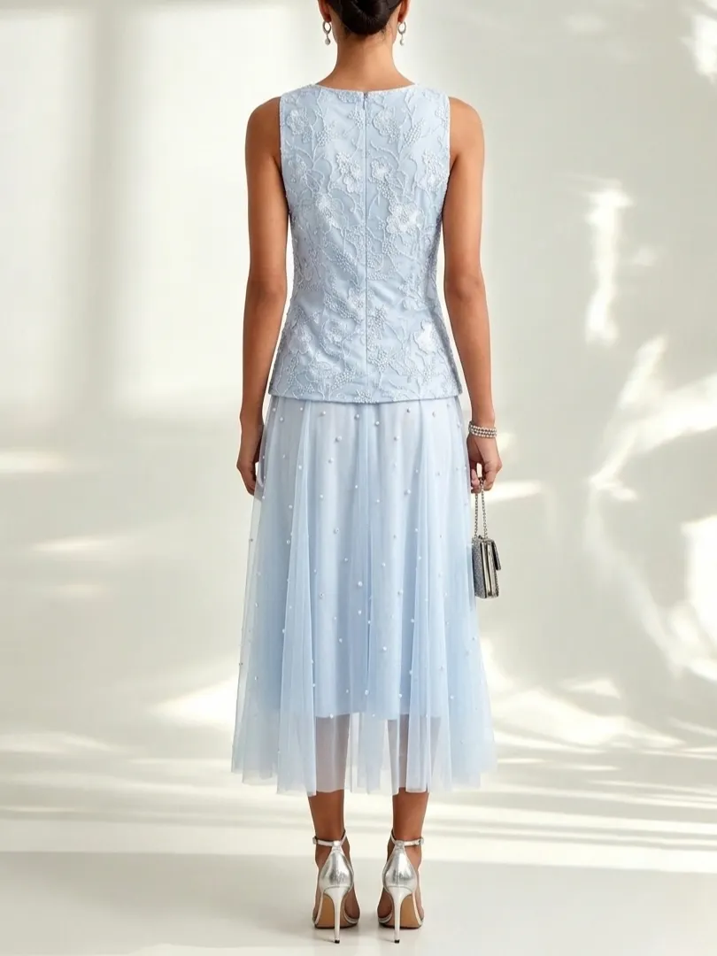 Light Blue Lace Pearl Jacquard Lace Boat Neck Sleeveless A-Line Maxi Dress