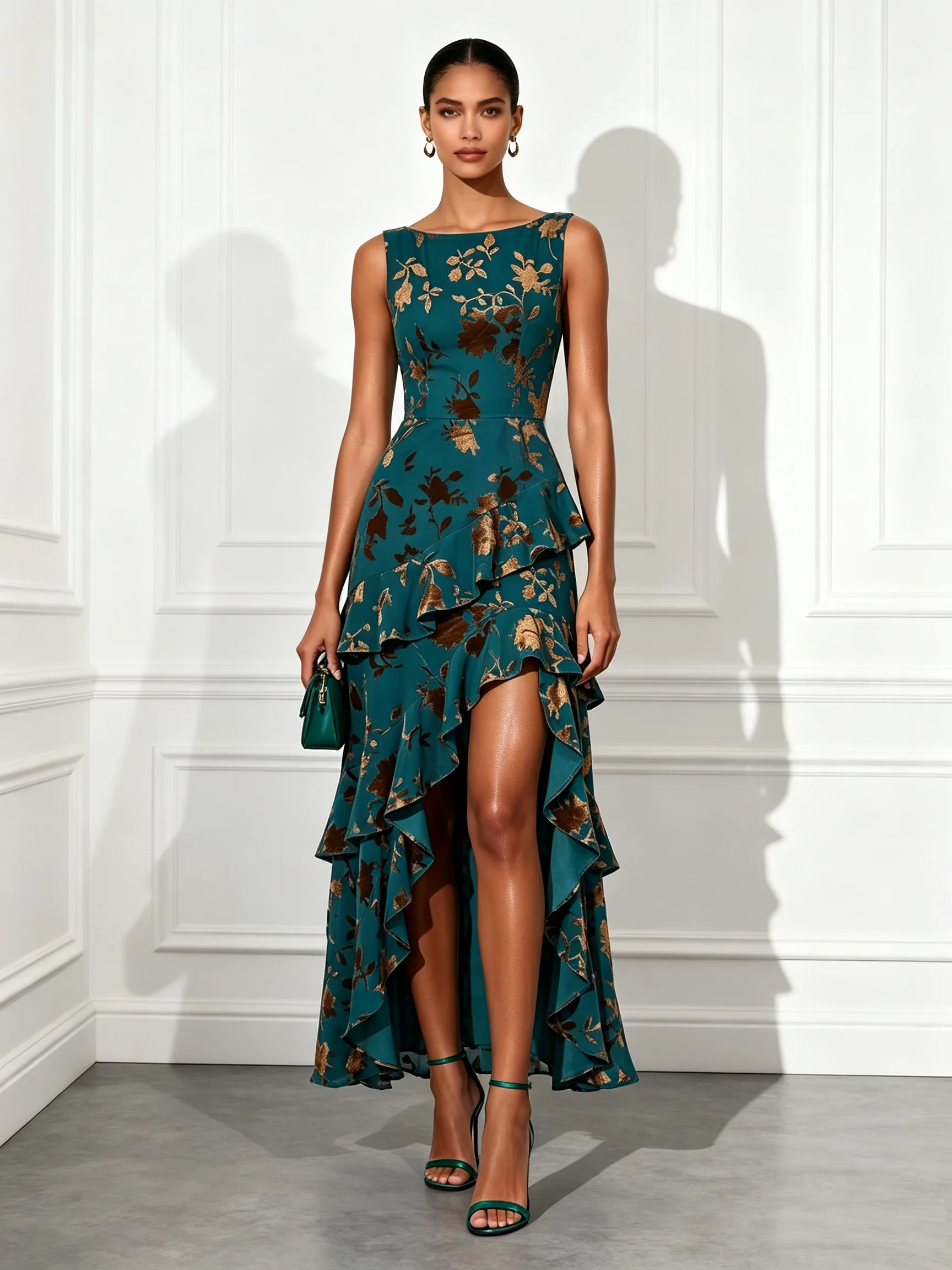 Green Jacquard Ruffled Classic Boat Neck Sleeveless A-Line Maxi Dress