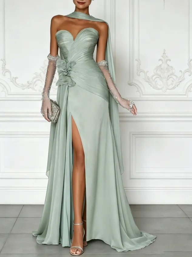 Green 3D Floral Tulle Strapless Sleeveless A-Line Floor-length Gown Dress