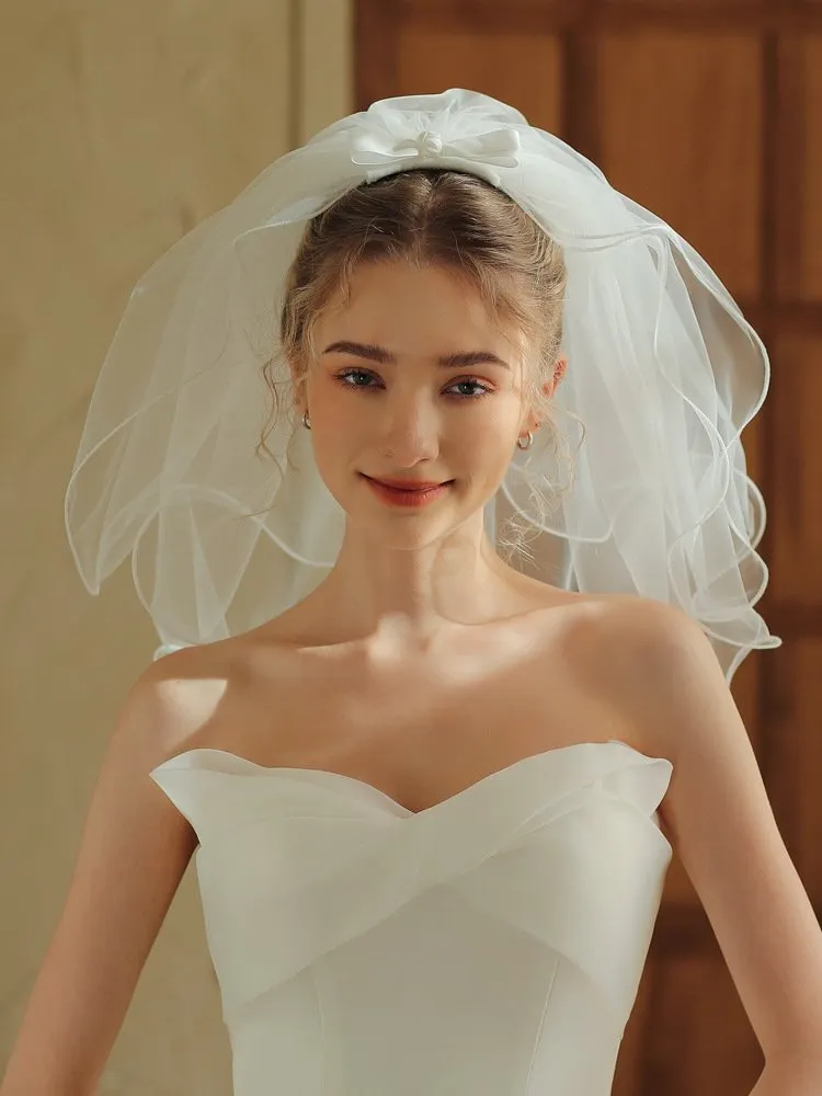 Short Bow-embroidered Double-layered Rolled-edge Bridal Veil - White