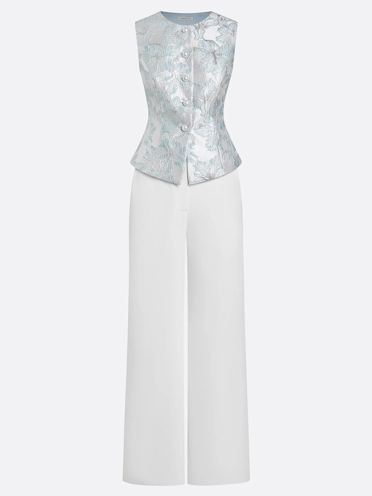 Women White Jacquard Floral Buckle Crew Neck Sleeveless Dressy Top With Pants Two-Piece Set