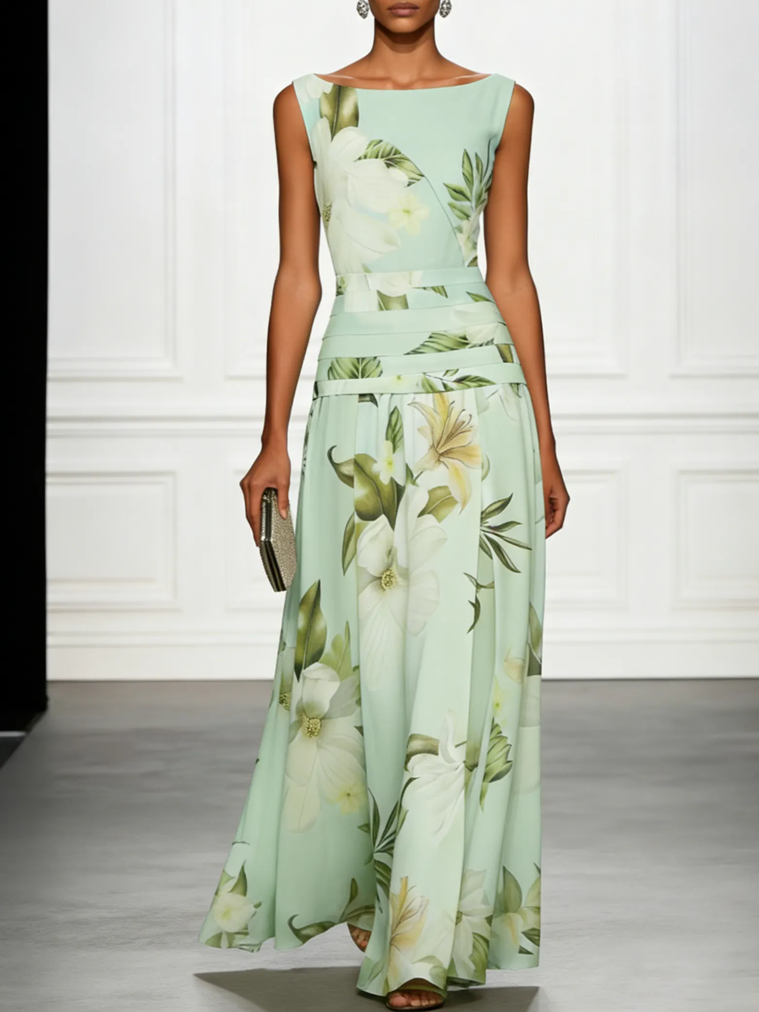 Light Green Floral Ruched Classic Boat Neck Sleeveless A-Line Floor-length Gown Dress - Light Green