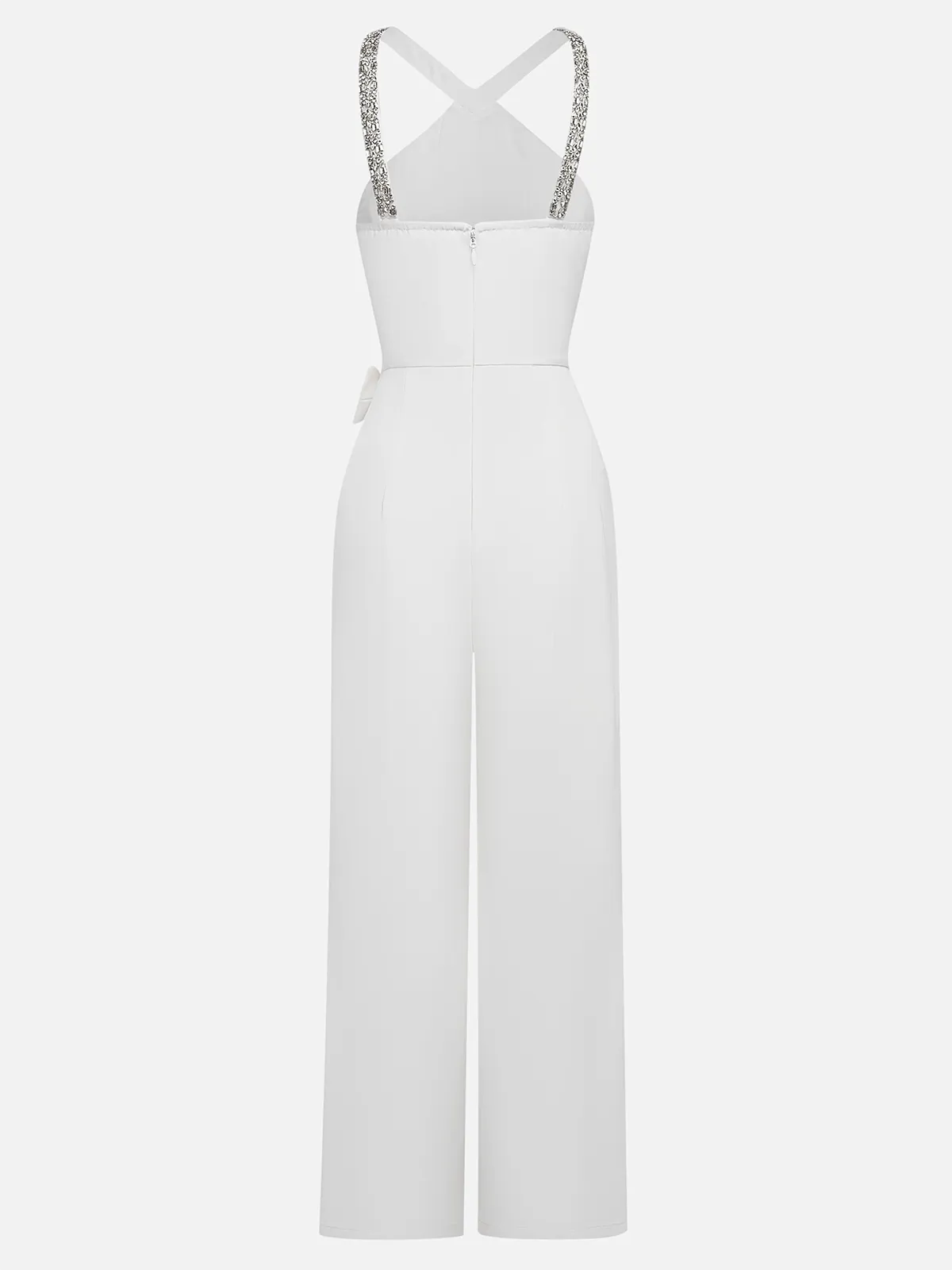 Women White Pleated Rhinestone Bow Halter Sleeveless Dressy Jumpsuit