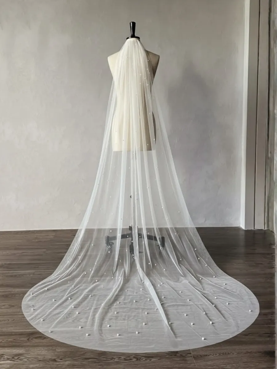Hand-Sewn Hair Comb Pearls Long Train Soft Tulle Bridal Veil