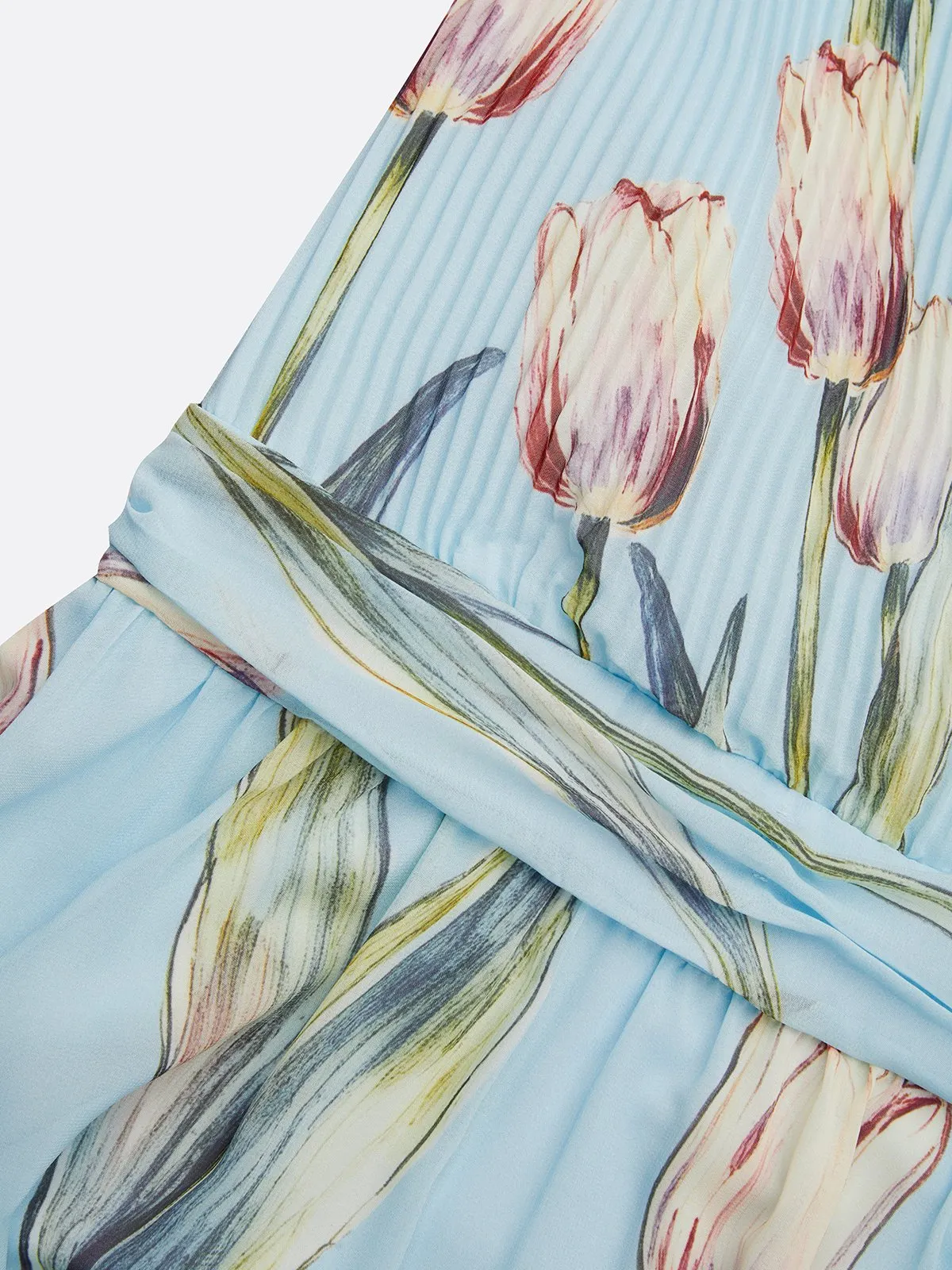 Light Blue Floral Chiffon V Neck Sleeveless A-Line Floor-length Gown Dress