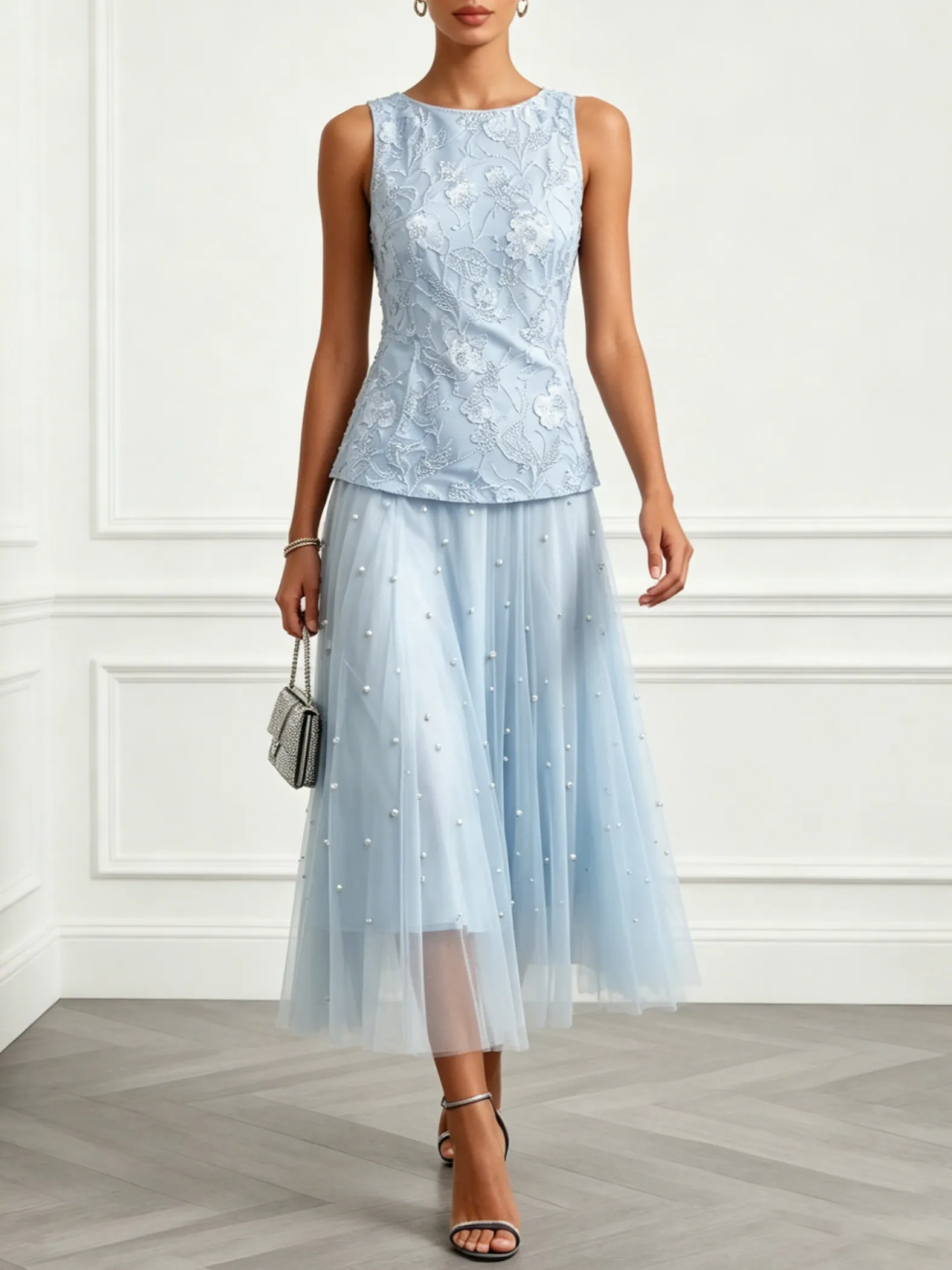 Light Blue Lace Pearl Jacquard Lace Boat Neck Sleeveless A-Line Maxi Dress - Light Blue