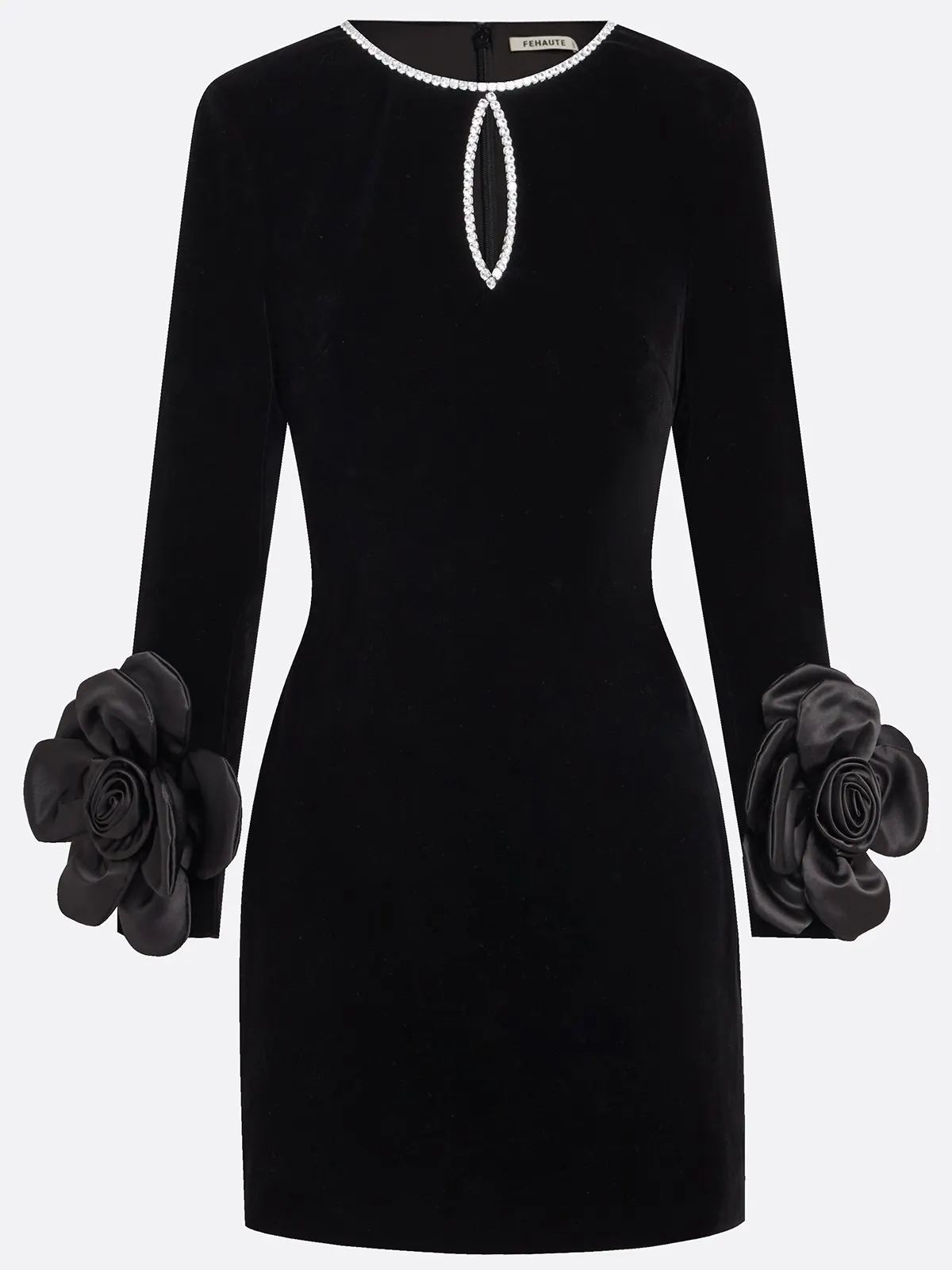 Black 3D Floral Rhinestone Velvet Crew Neck Long Sleeve Sheath Mini Dress