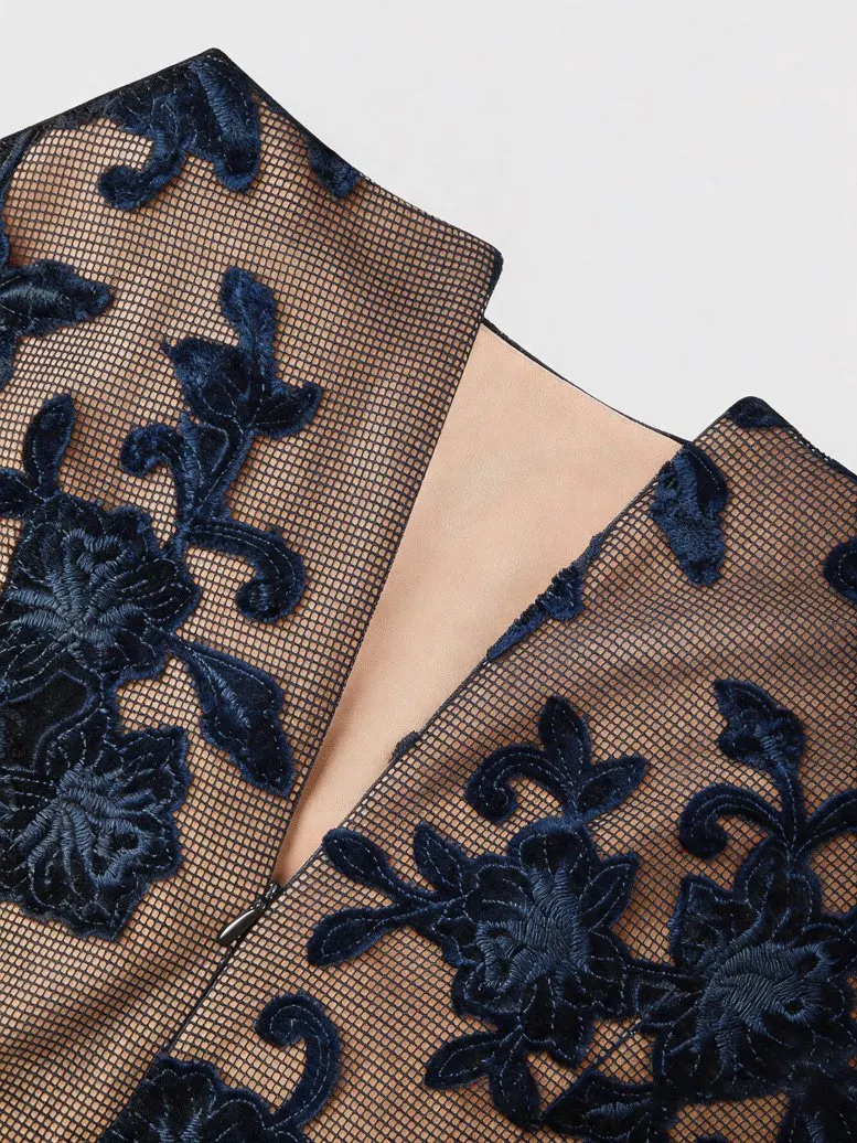 Purplish Blue Lace Jacquard Boat Neck Sleeveless A-Line Midi Dress