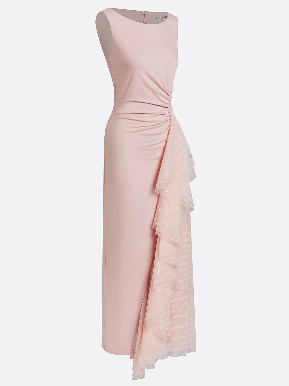 Pink Mesh Ruched Knit Boat Neck Sleeveless Sheath Maxi Dress