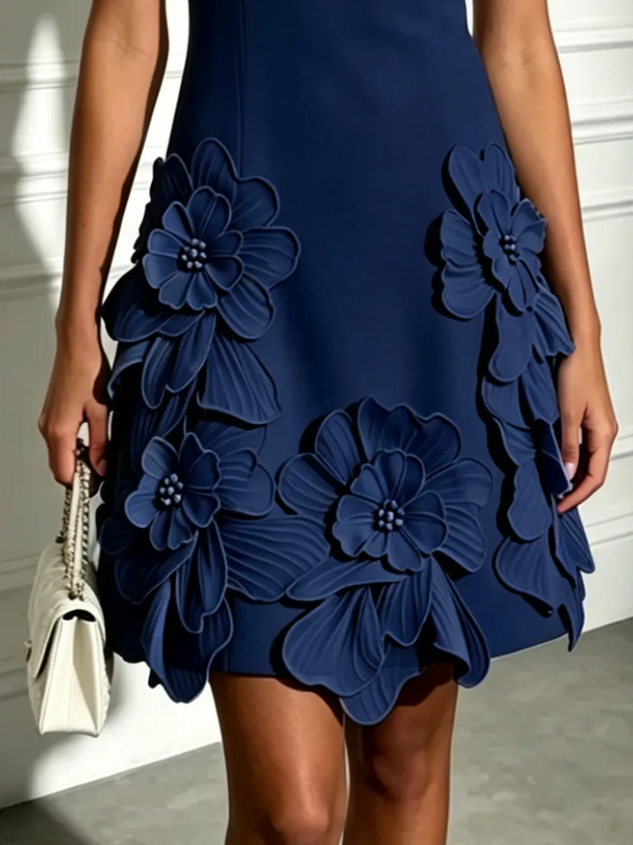 Navy Blue 3D Floral Pearl Classic Boat Neck Sleeveless A-Line Mini Dress - Navy Blue