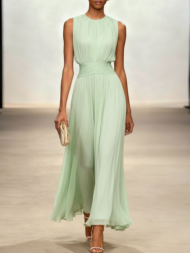 Yellow Ruched Chiffon Crew Neck Sleeveless A-Line Maxi Dress