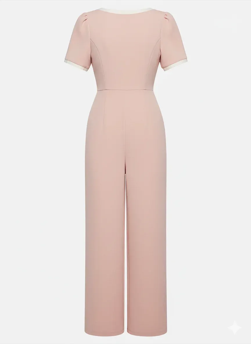 Women Black Bow Tie Neck Short Sleeve Dressy Jumpsuit